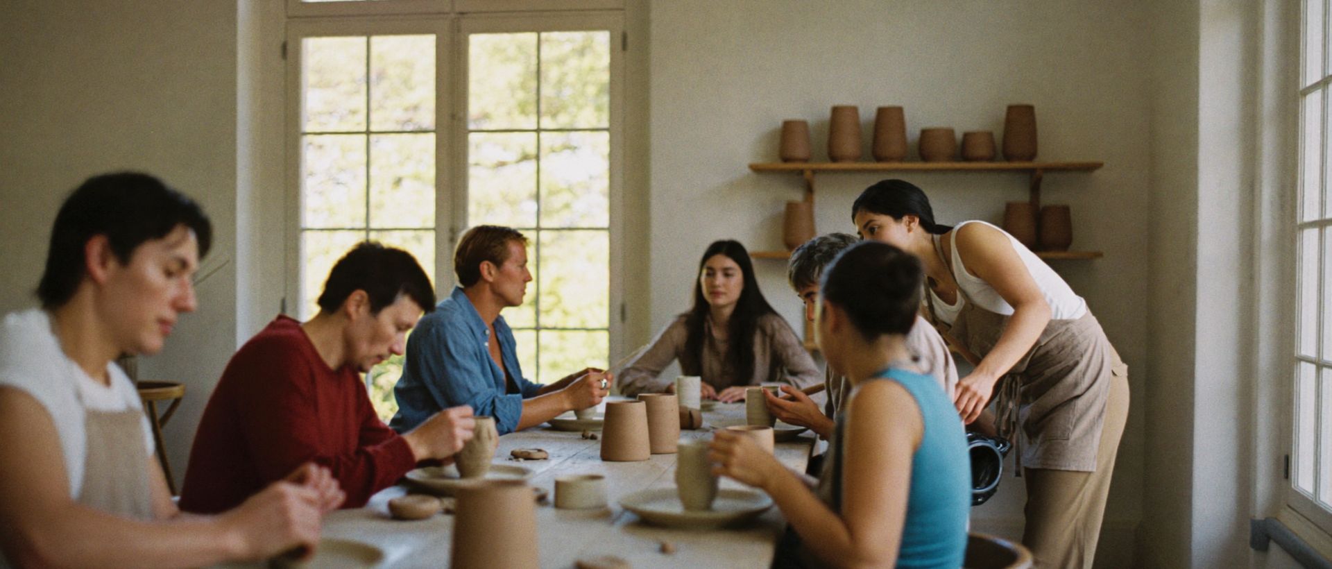 A pottery workshop in session, six adults working with clay at a long wooden table